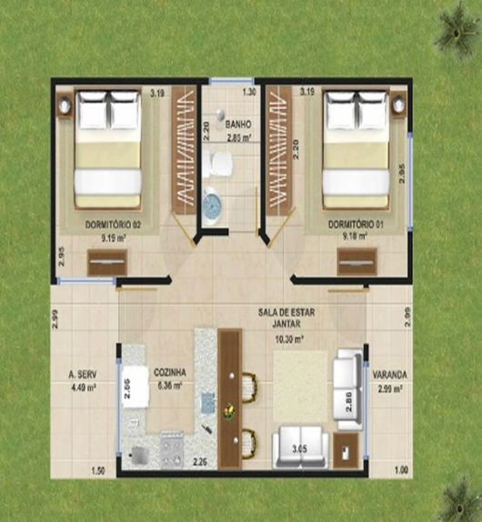 plantas de casas populares de 2 quartos
