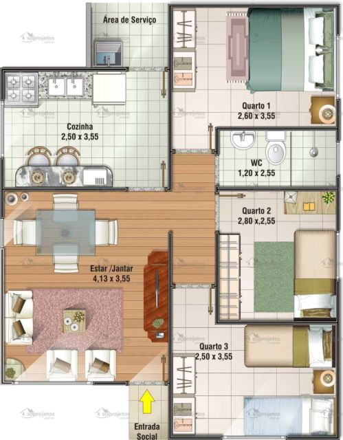 Plantas de casas populares com 3 dormitórios