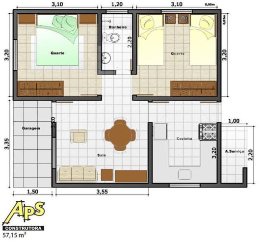 plantas de casas populares de 2 quartos