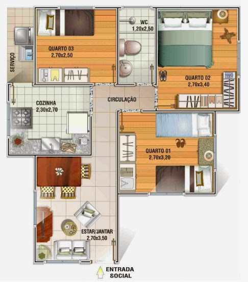 Plantas de casas populares com 3 dormitórios