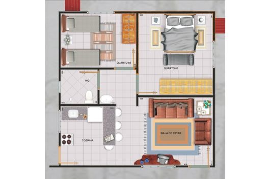 Exemplo de planta de casa popular com sala e cozinha compartilhadas