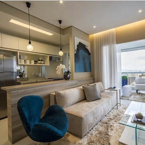 Decoração de cozinha americana com sala de estar