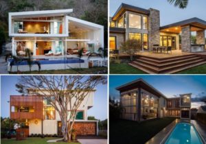 casa container branca, marrom e de vidros.