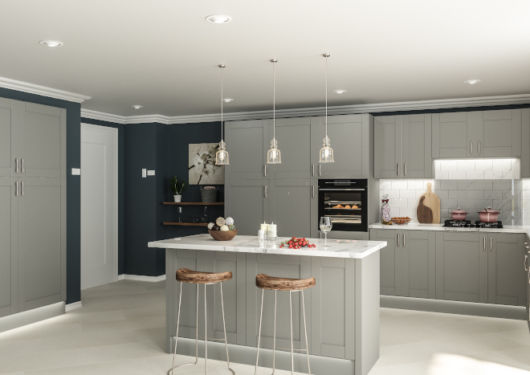 Cozinha planejada cinza com bancada