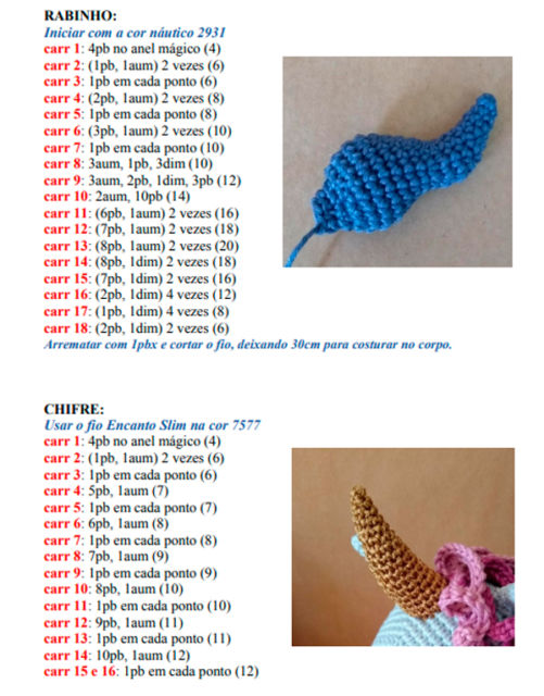 receita amigurumi de unicórnio