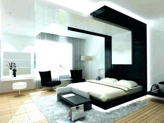 Decoração de quarto de casal moderno preto e branco