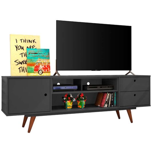 Rack retrô preto com quadros