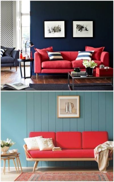 sofá vermelho com parede azul
