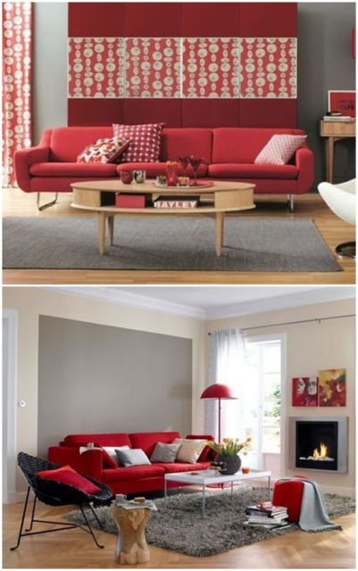 sofá vermelho com parede cinza