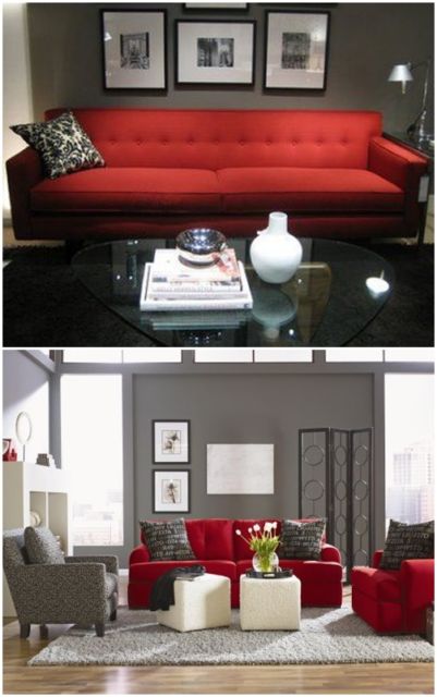 sofá vermelho com parede cinza