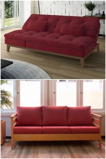 sofá vermelho com estrutura de madeira