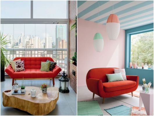 sofá vermelho com estrutura de madeira