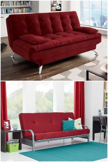 sofá vermelho com estrutura em metal