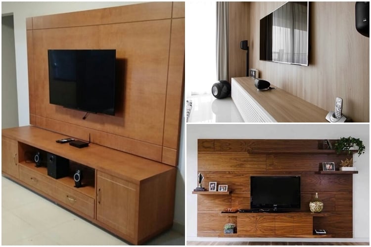 rack de madeira com painel para sala