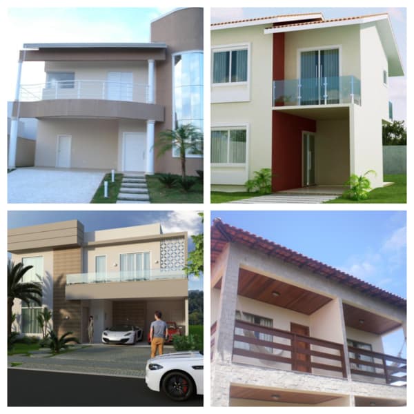 Montagem de fotos de fachadas de casas simples e pequenas com varandas diferentes