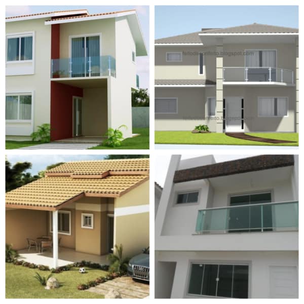 Montagem de fotos de fachadas de casas simples e pequenas com varandas diversas