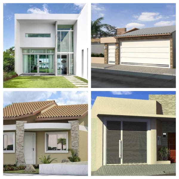 Montagem de fotos de fachadas de casas simples e pequenas modernas