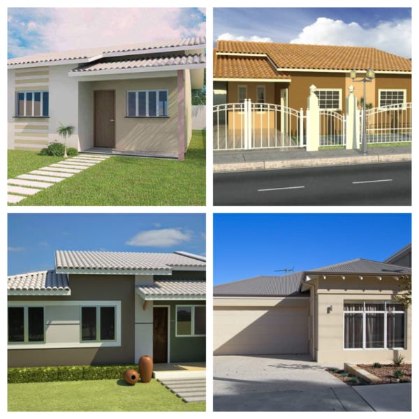 Montagem de fotos de fachadas de casas simples e pequenas sem muitos detalhes