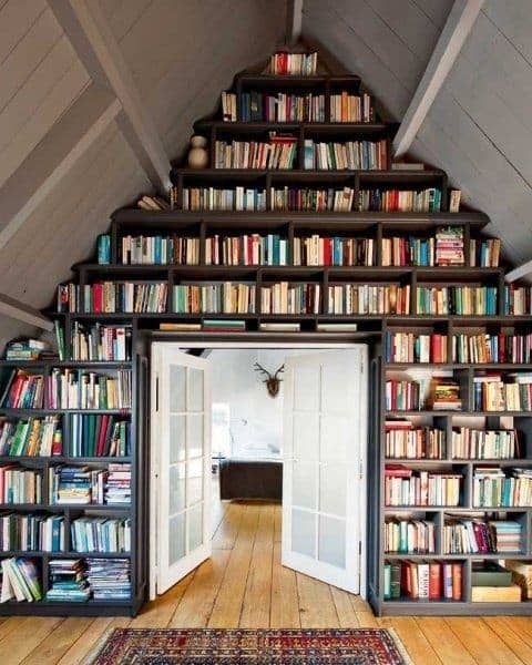 Sala com livros pela parede toda