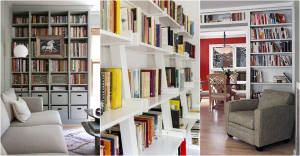 Salas com livros em estantes