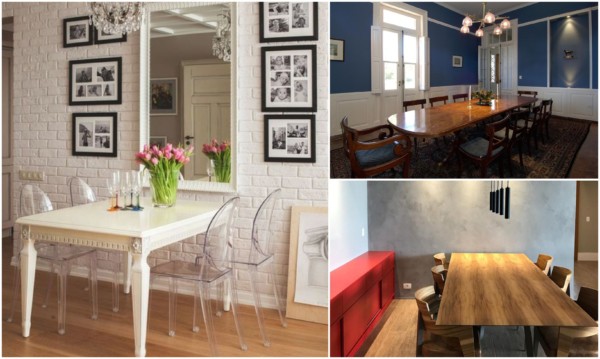 Salas de jantar de vários estilos com mesas de madeira