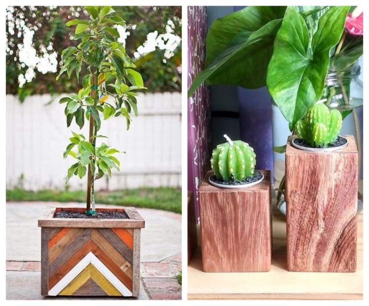 Vasos de plantas em artesanatos em madeira