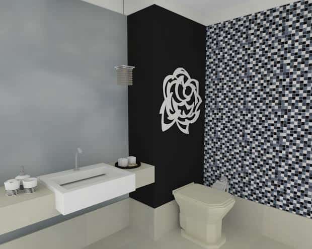 decor de banheiro preto e branco com pastilha