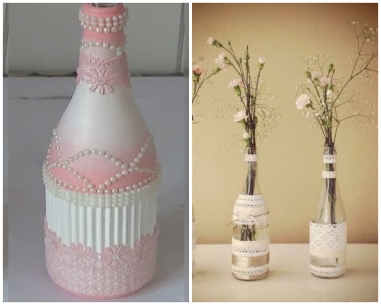 garrafas decoradas com renda e pérola