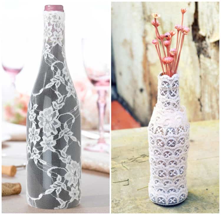 garrafas e potes decorados com renda branca