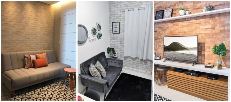 sala com papel de parede de tijolinho