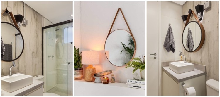 decoracao com espelho redondo de alca de couro