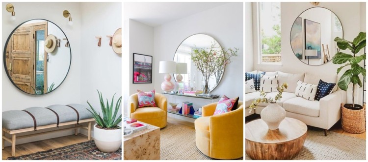 decoracao com espelho redondo na sala